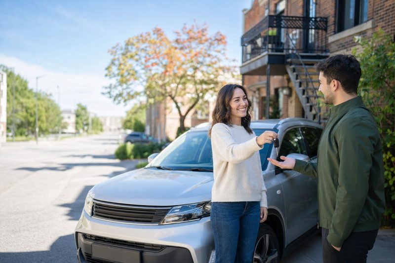 A woman handing her car keys to a man in a green jacket, on a Montreal street of brick duplexes