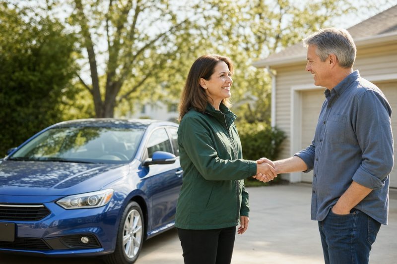 A woman in a green jacket shaking hands with a car owner beside a blue sedan