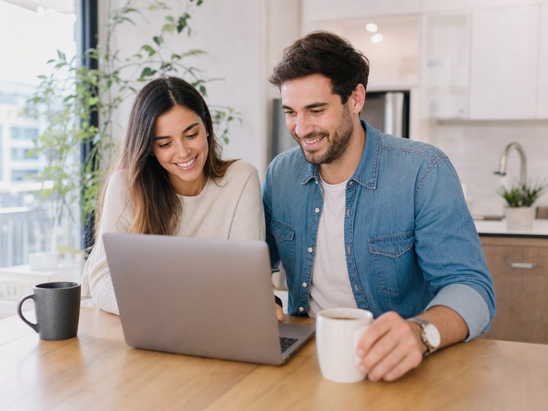A couple with a laptop at the kitchen table