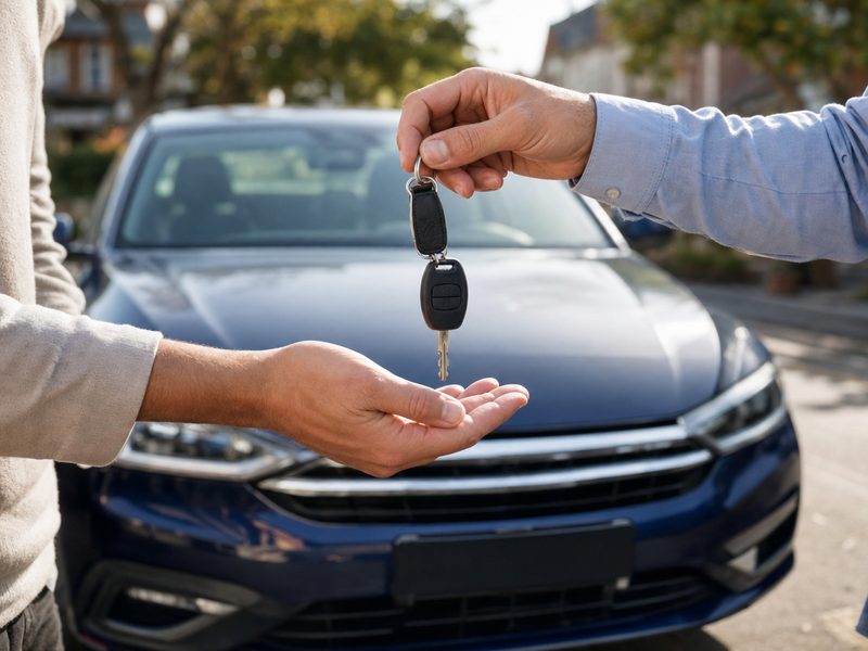 Car keys dropping into a buyer's open palm