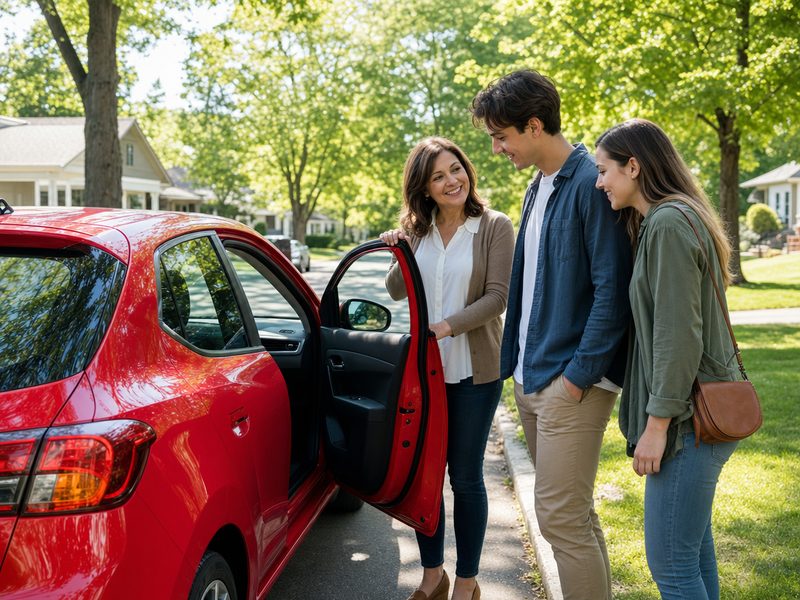 A woman showing her red hatchback to a young couple
