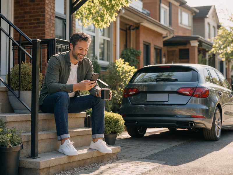 A man on a porch with his phone, his car in the driveway