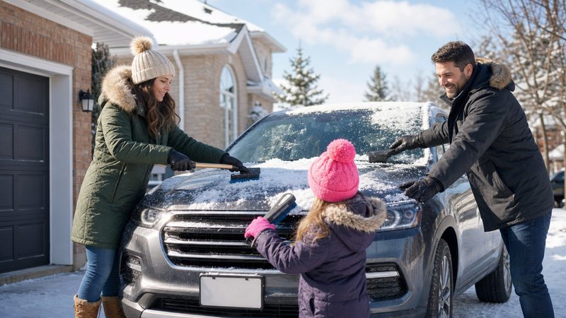 A family brushing snow off an SUV in the driveway
